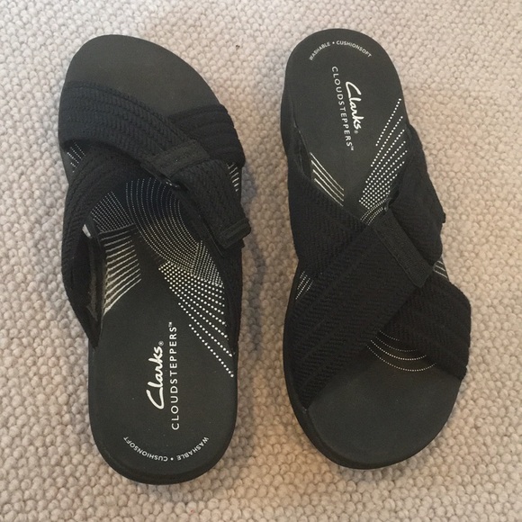 Cloudsteppers by Clarks Shoes - Black Clarks Cloudsteppers Arla Wave Slide Sandals, Size 7.5